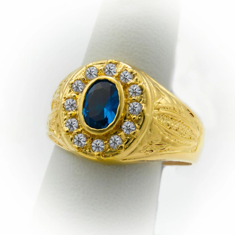 gold ring mens, Cocktail Ring, blue center oval stone