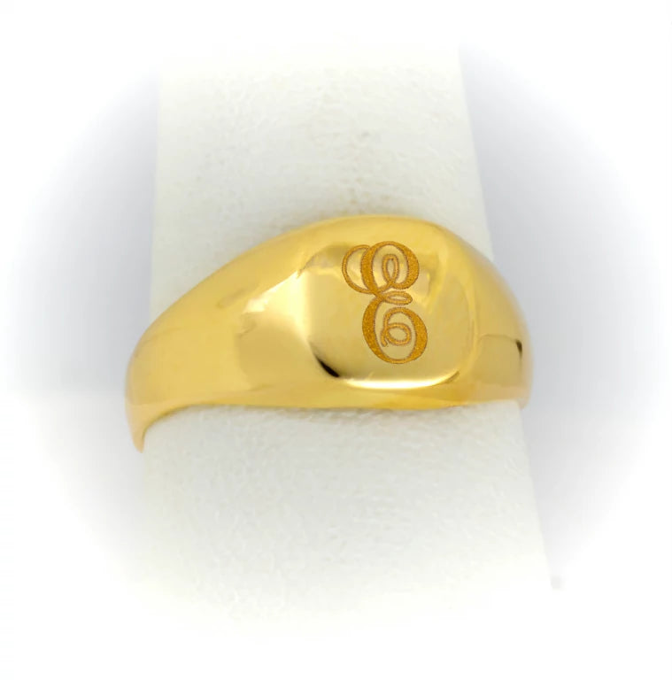 Classic yellow gold personalized ring with crisp engraved initial—timeless initial ring gift.