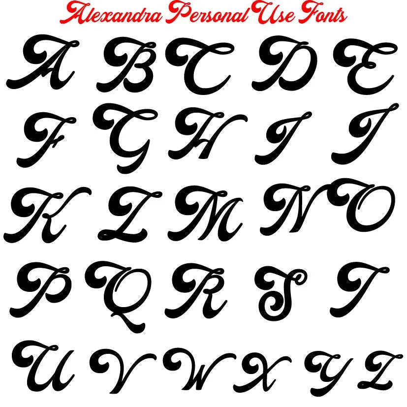 Black cursive alphabet letters from A to Z on a white background with 'Alexandra Personal Use Fonts' text at the top.