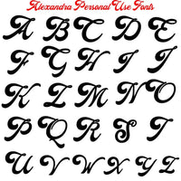 Black cursive alphabet letters from A to Z on a white background with 'Alexandra Personal Use Fonts' text at the top.