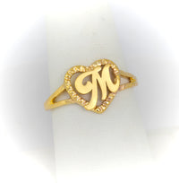Dainty solid gold custom initial ring, heart outline with yellow letter, 14k/10k gold, minimalist letter ring.