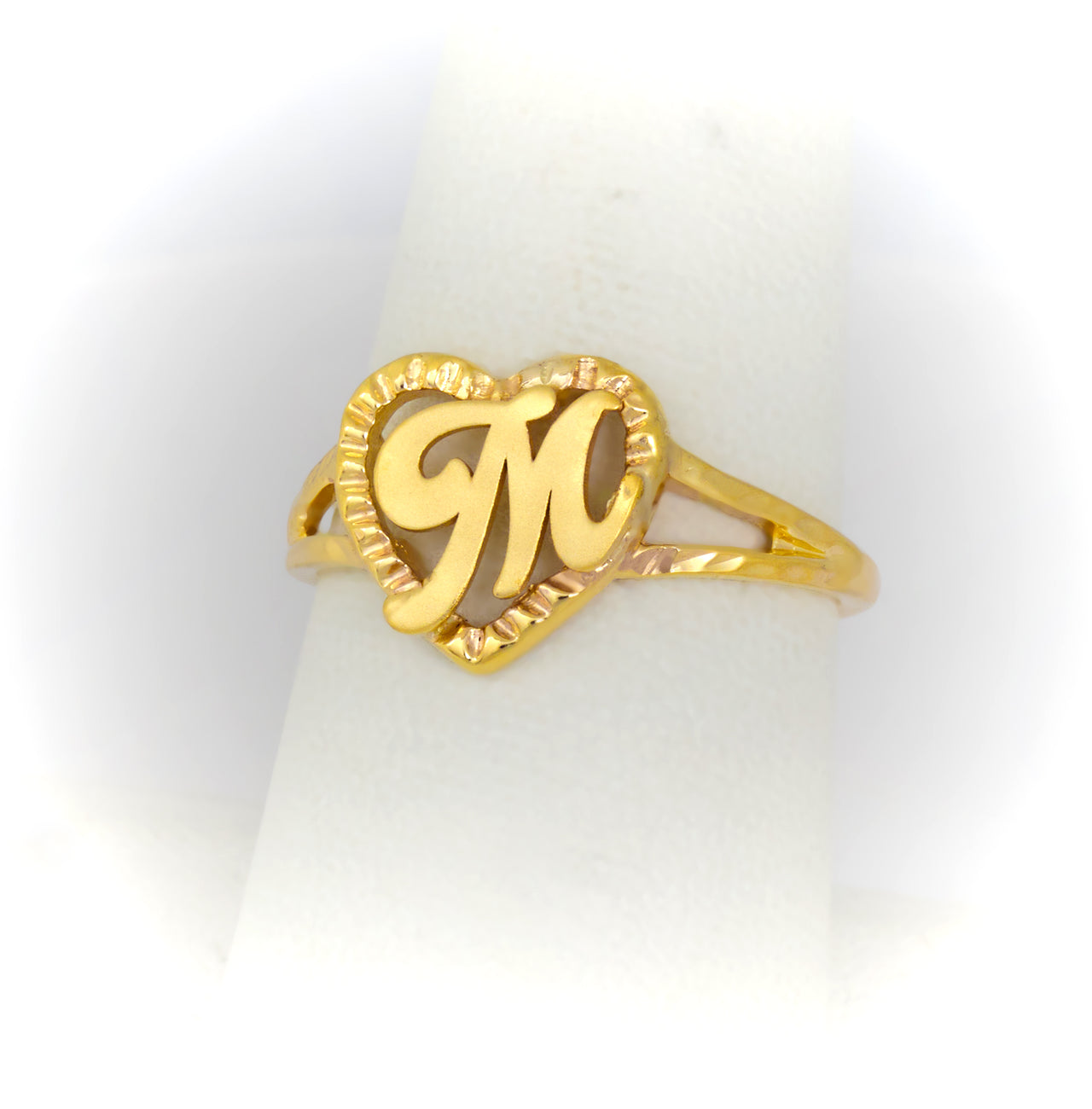 Dainty solid gold custom initial ring, heart outline with yellow letter, 14k