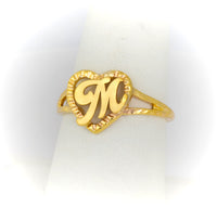 Dainty solid gold custom initial ring, heart outline with yellow letter, 14k