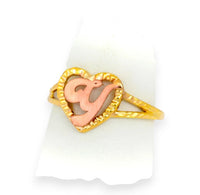 Custom initial jewelry heart signet ring, polished band with satin rose gold letter, personalized ring.