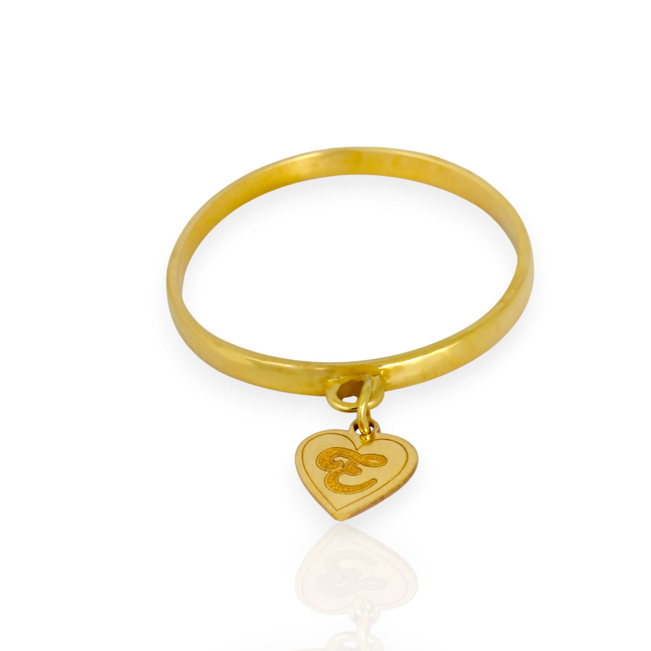 Thin 10k 14k gold initial charm ring with heart dangle and engraved letter.