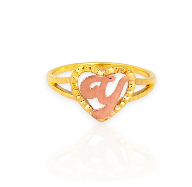 Dainty gold custom initial ring, heart frame with rose gold letter in script, 14k/10k gold, minimalist ring