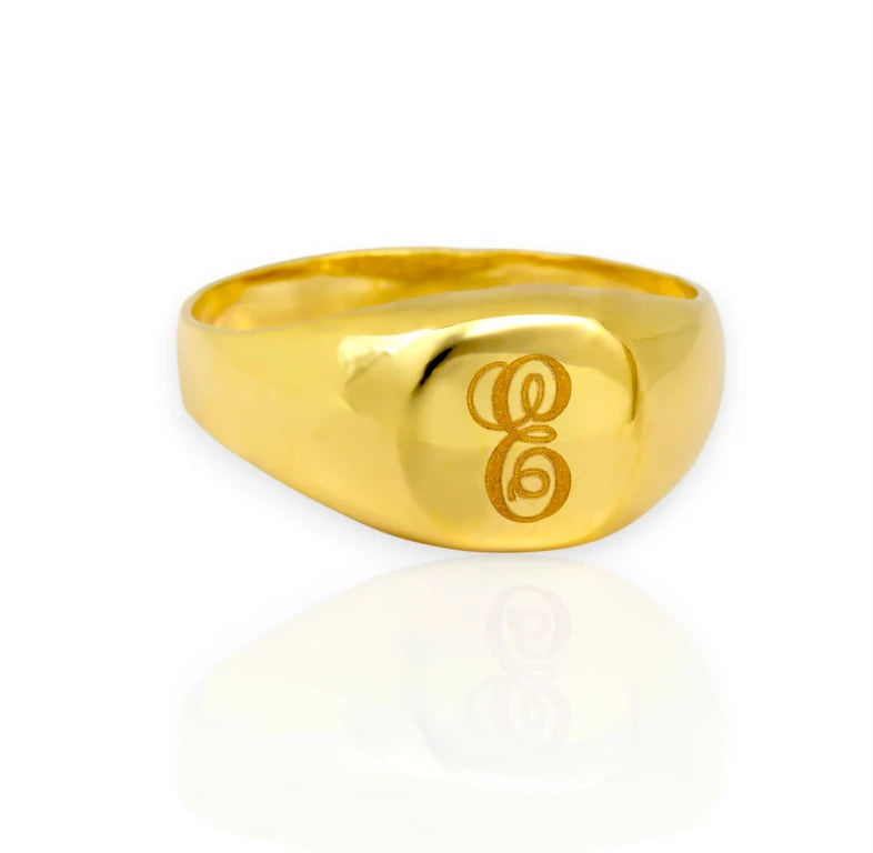 personalized ring with script engraved initial, stackable.