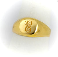 Minimal yellow gold customizable ring—polished signet with engraved initial for her.